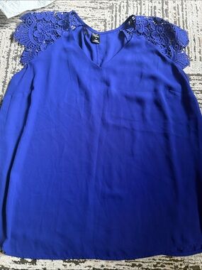 City Streets Royal Blue V-Neck Blouse with Lace Cap Sleeves